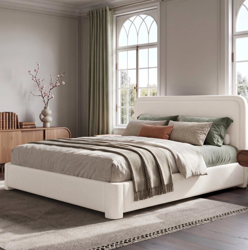 Letto matrimoniale 160x200 cm con contenitore idraulico; testiera regolabile; bouclé bianco