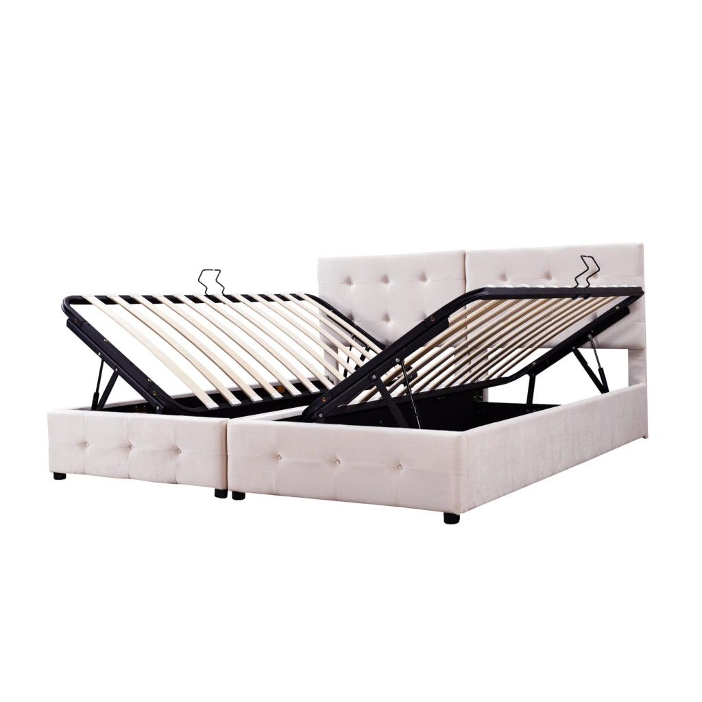 Letto matrimoniale 180x200 cm con contenitore idraulico e testiera regolabile; beige
