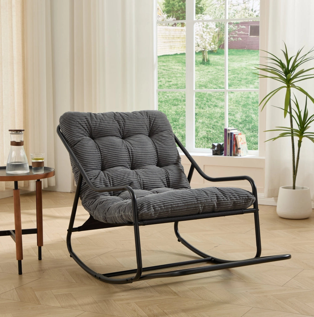 Sedia a dondolo da esterno con cuscino spesso 75x116x82 cm in acciaio; grigio con struttura nera