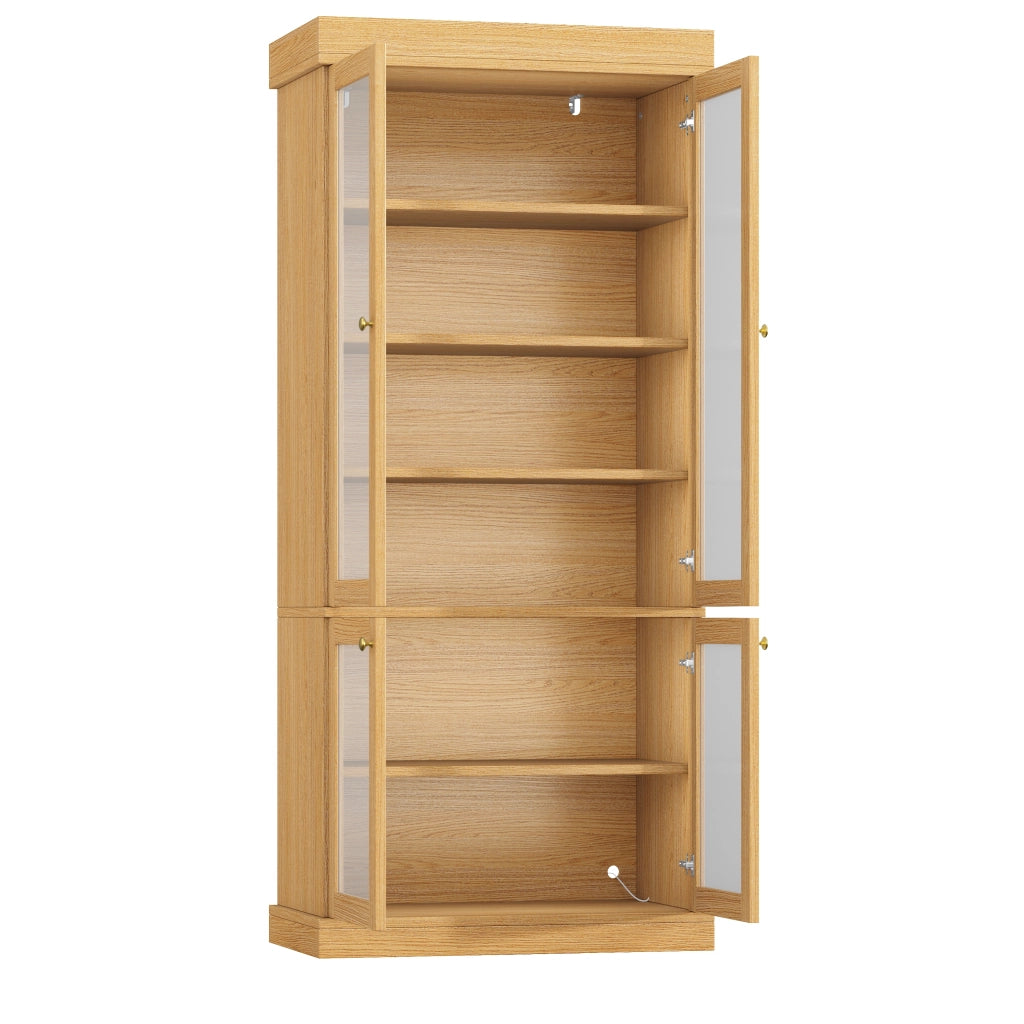 Armadio con LED e ripiani per soggiorno, 2 sistemi antiribaltamento, in MDF e vetro, legno naturale, 160 × 40 × 180 cm