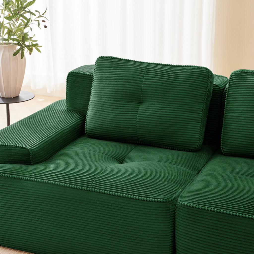 divano modulare senza struttura in velluto a coste; seduta profonda 74 cm; verde