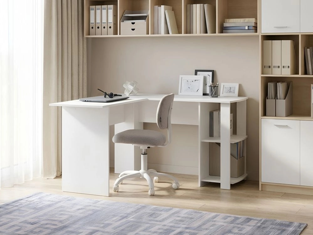 Scrivania angolare da ufficio per casa in truciolato bianco con ripiani aperti e piano di lavoro a forma di L
