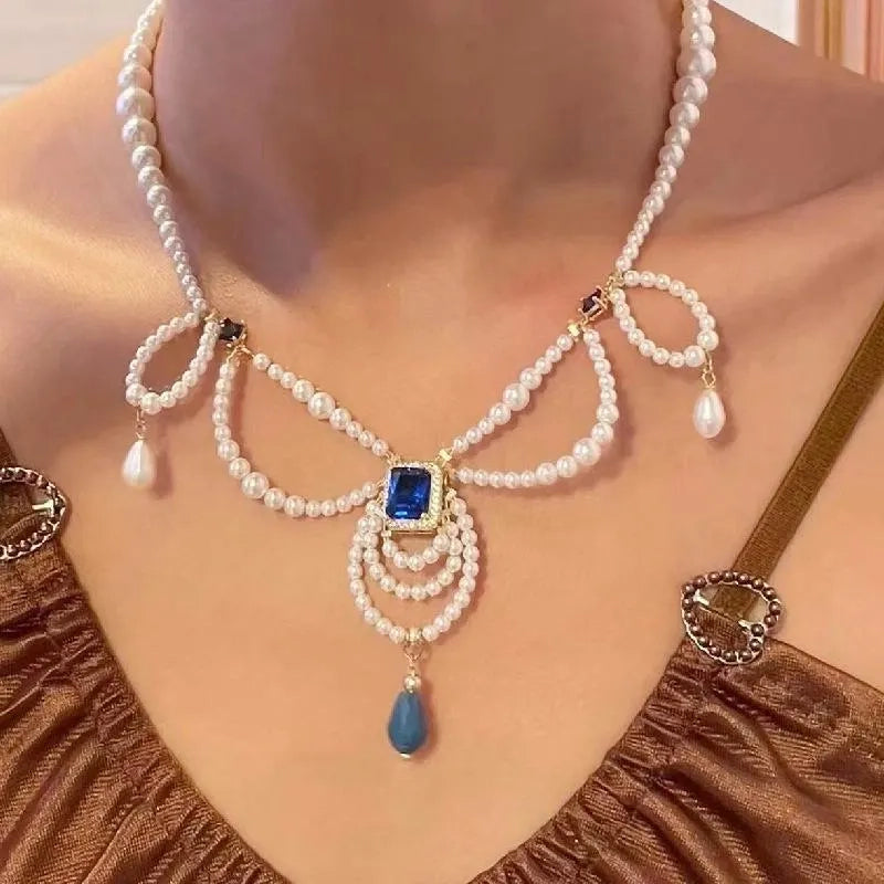 Collana vintage a pi¨´ strati con perle e gocce blu, regalo di Natale o compleanno.