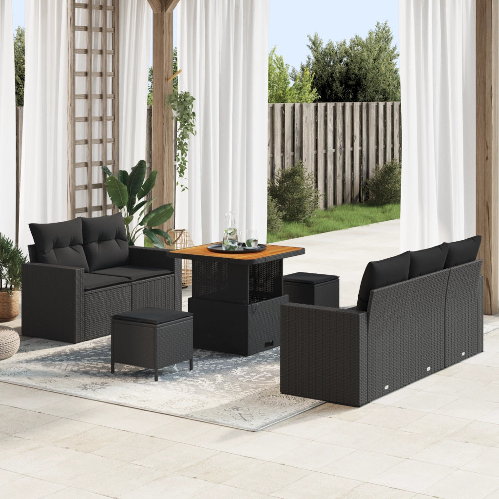 Set di divano da giardino 8 pezzi con cuscini in polyrattan nero