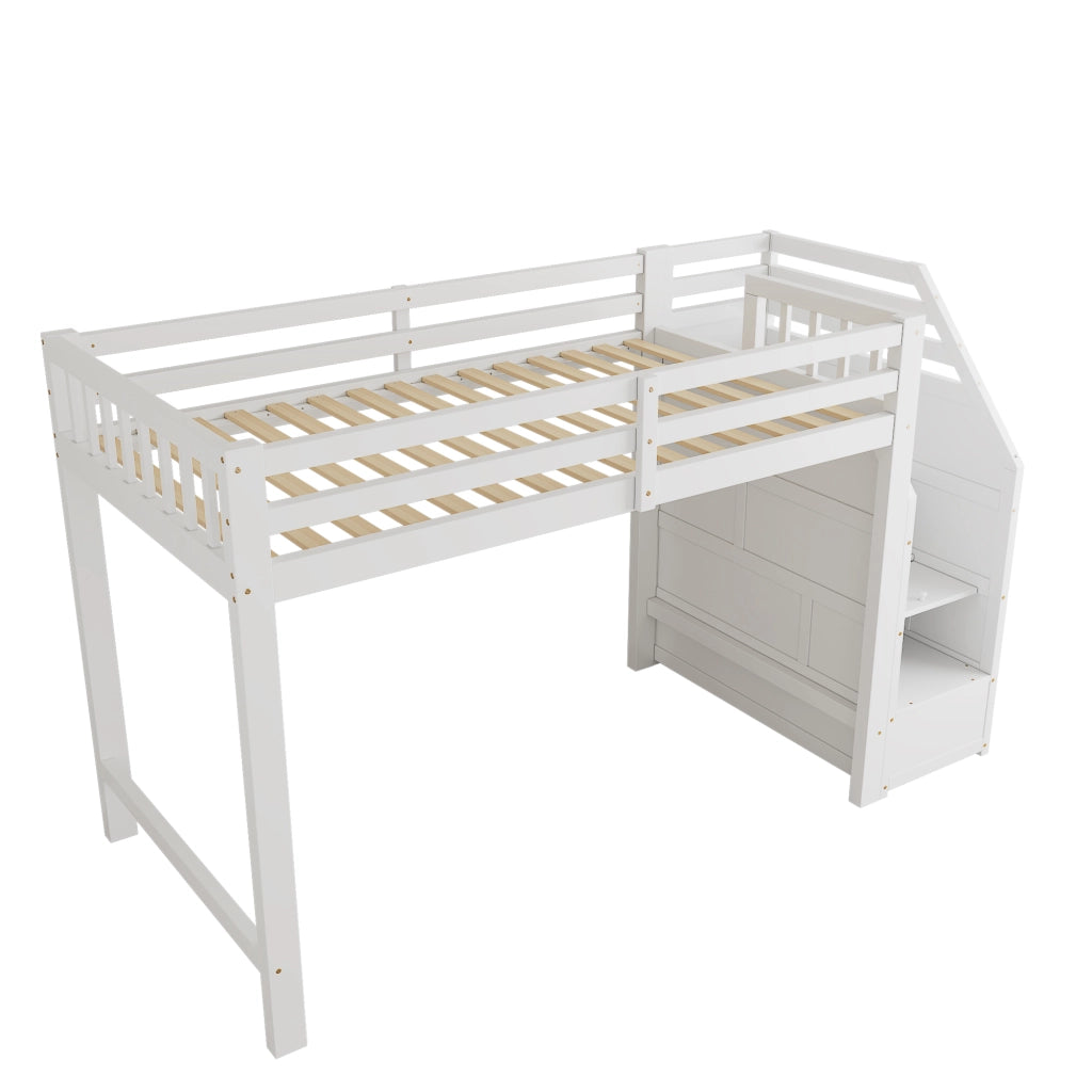 Letto a soppalco singolo 90×200 cm con sponde e scale contenitore; senza materasso; pino; bianco