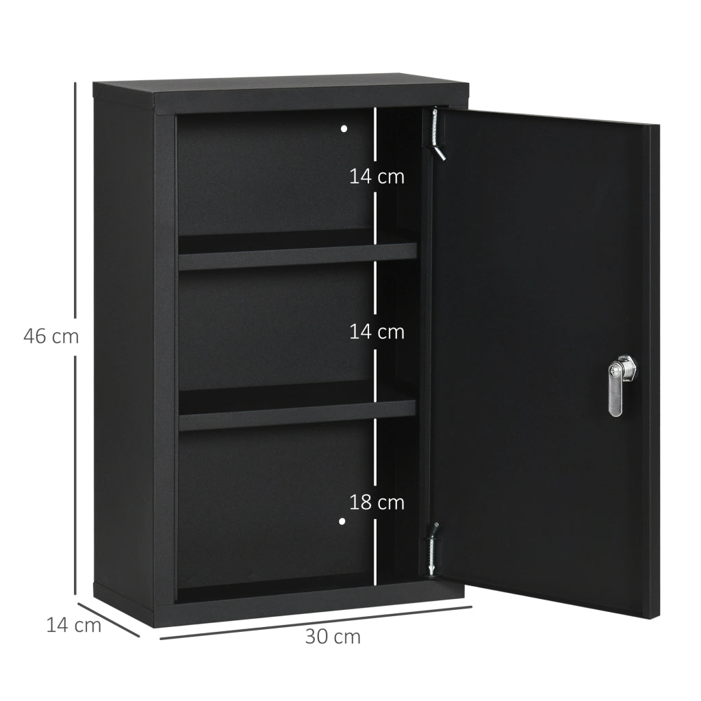 Easycomfort Armadietto Medicinali con 3 Mensole e Blocco con Chiavi in Acciaio, 30x14x46cm, Nero