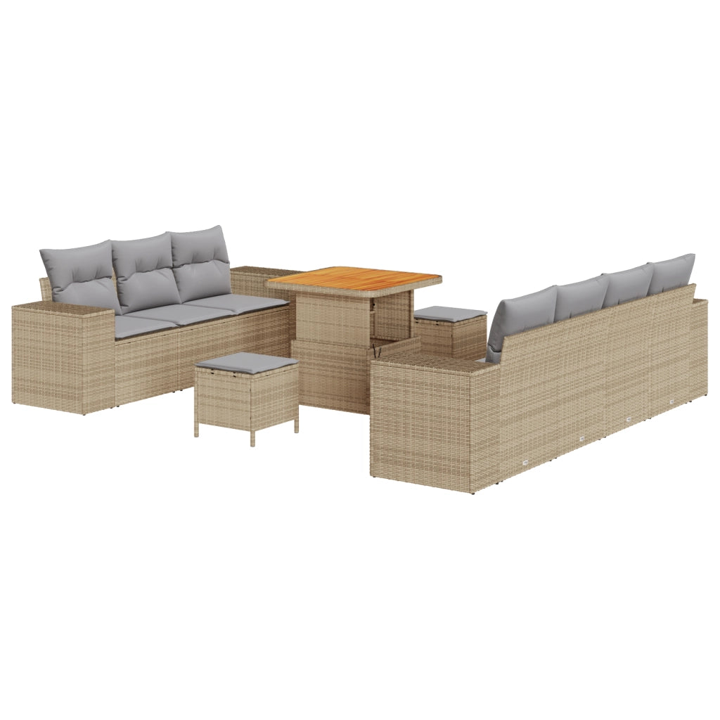 Set di Divani da Giardino di 10 pezzi con Cuscini Beige Polyrattan Acacia