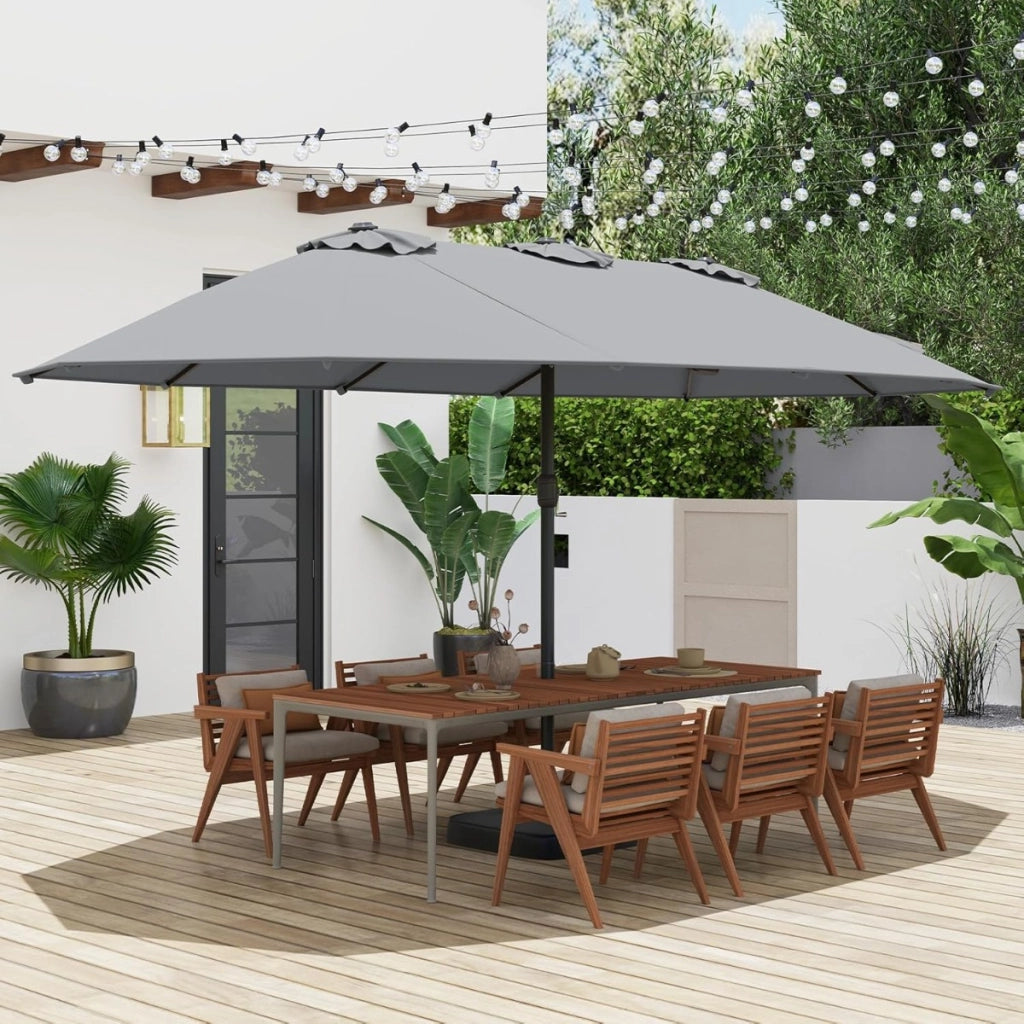 Ombrellone da patio doppio lato da mercato per cortile, Ombrellone con 12 stecche in metallo Grigio