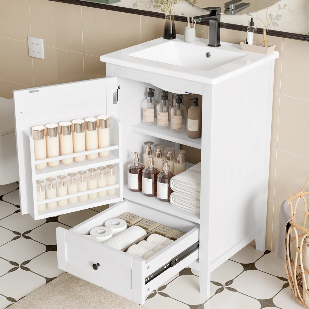 Mobile sottolavabo con lavandino in ceramica, 1 anta, 1 cassetto e ripiano regolabile, per bagno, bianco, 51 × 46 × 85 cm
