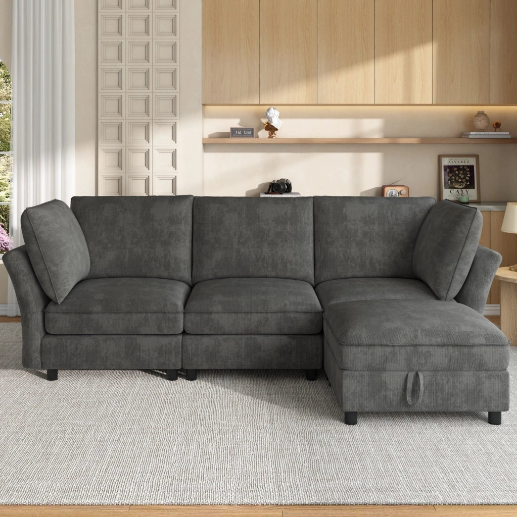 Sofa modulare a L con pouf contenitore, 4-5 posti, tessuto Chenille grigio