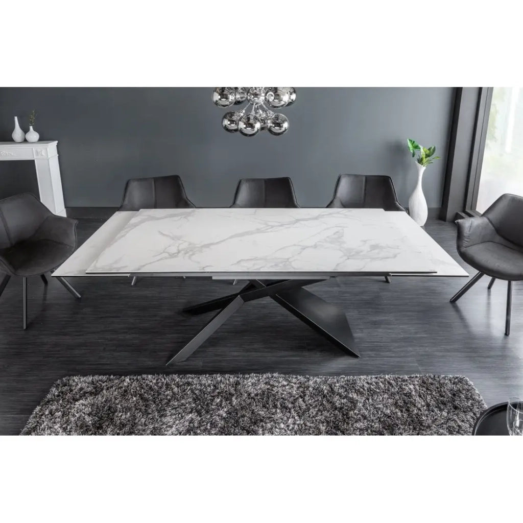 Table STELIX 180–220–260 cm – Piano in ceramica effetto marmo bianco e vetro temperato – Estendibile con gambe in metallo nero