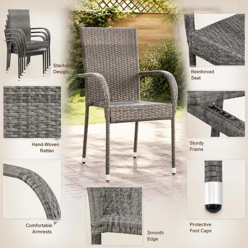Stackable Garden Chairs, Set Of 6, Grey Poly Rattan