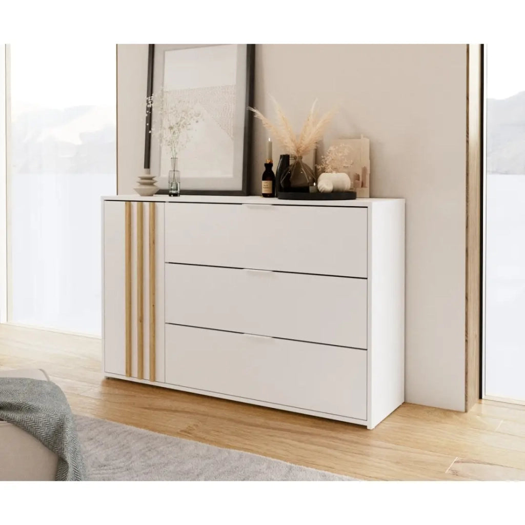 Comò FLORENCE – Bianco e quercia – 1 porta + 3 cassetti – Chiusura ammortizzata – Design contemporaneo