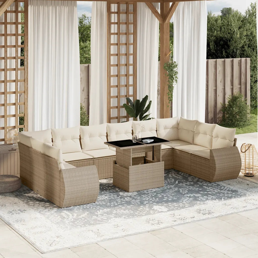 Set Divani da Giardino 11 pz con Cuscini Beige in Polyrattan