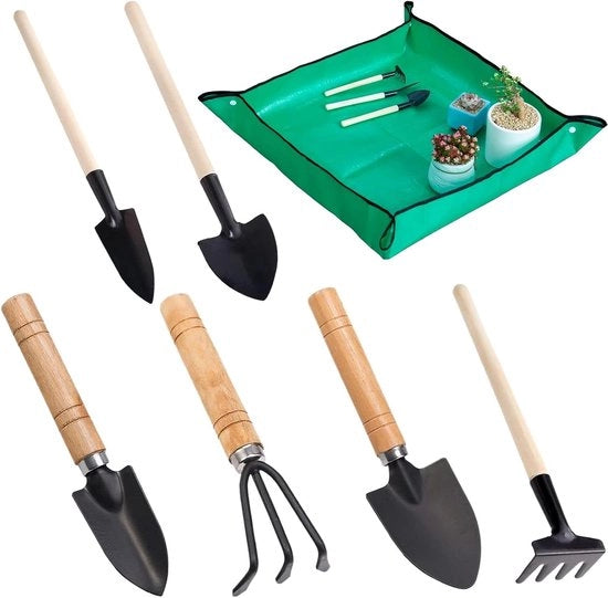 Set di 7 Mini Strumenti per Giardino con Manici in Legno - Ideali per Piante, Trapianto e Disgregazione del Terriccio