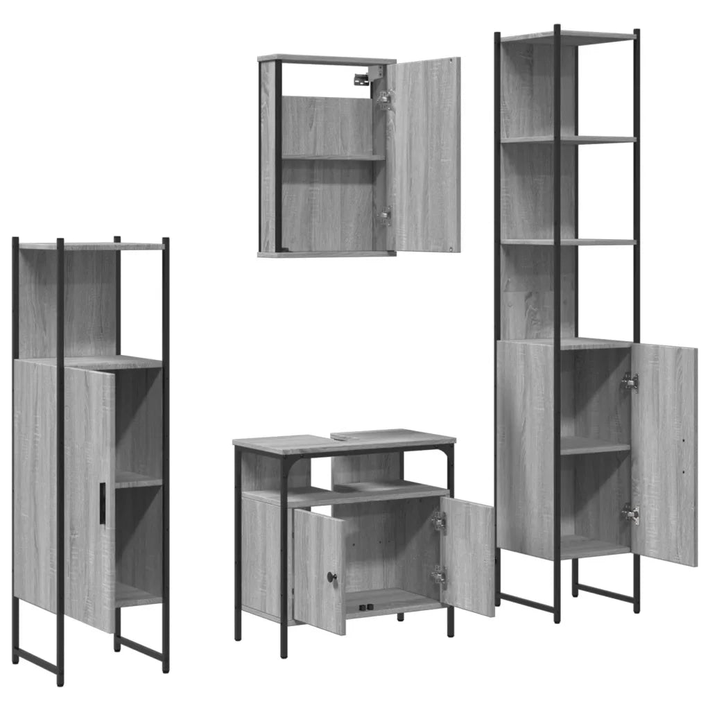 Set Mobili da Bagno | Armadio da bagno 4 pz Grigio Sonoma in Legno Multistrato