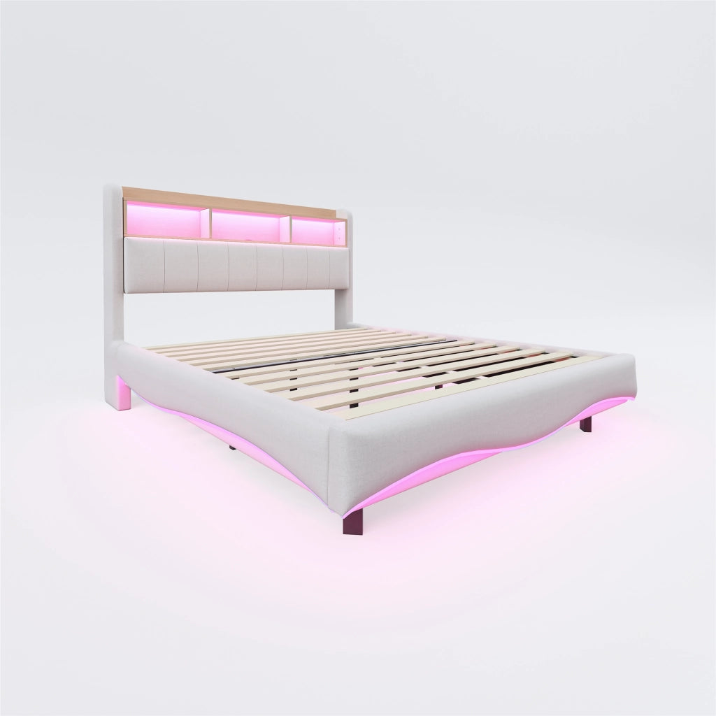 OKWISH Letto Contenitore 160×200 cm, Letto Matrimoniale con LED Regolabile, USB, Tipo C e Vano Testiera, senza Materasso, Beige