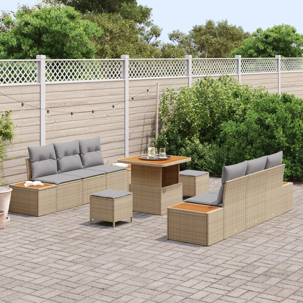 Set Divano da Giardino da 9 Pezzi con Cuscini Beige Rattan Poliestere Acacia