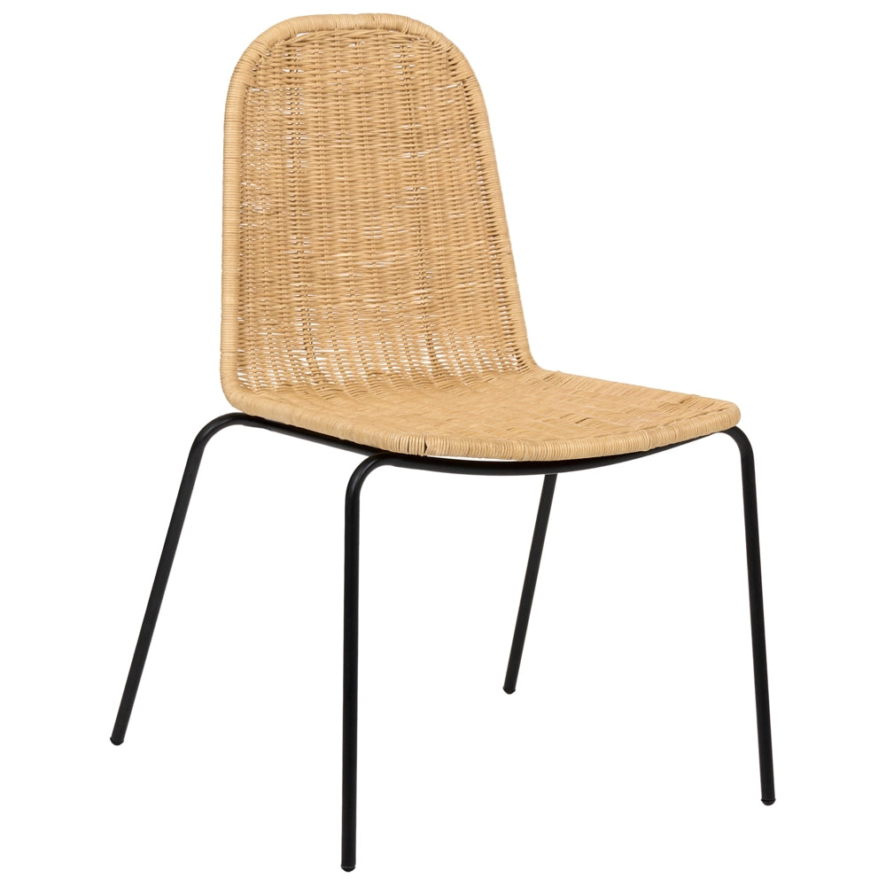 Set di 2 sedie da pranzo con seduta e schienale in rattan naturale e gambe in ferro, senza braccioli, in stile industriale boho