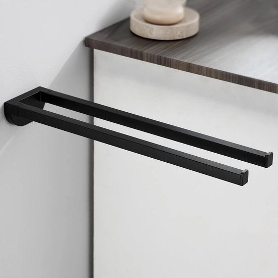 Supporto asciugamani in alluminio nero 40 cm, fissaggio alla parete in rame, 180° rotativo e pieghevole, doppia staffa a due bracci per doccia e bagno, con accessori di fissaggio.