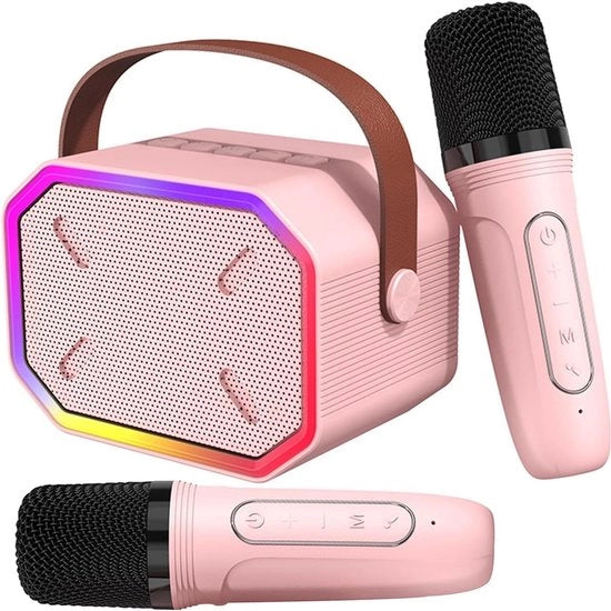 Kit di Karaoke Portatile per Adulti e Bambini - 2 Microfoni Senza Fili - Bluetooth - Effetti di Luce - RGB - Rosso - 10 x 10 x 15 cm
