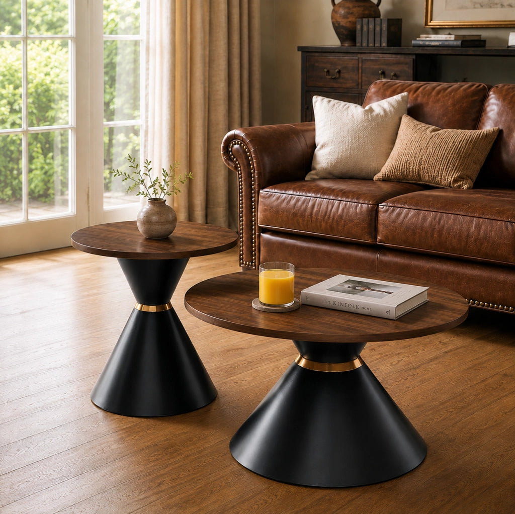 Set di 2 tavolini da caffè con design conico; in metallo; walnut e nero