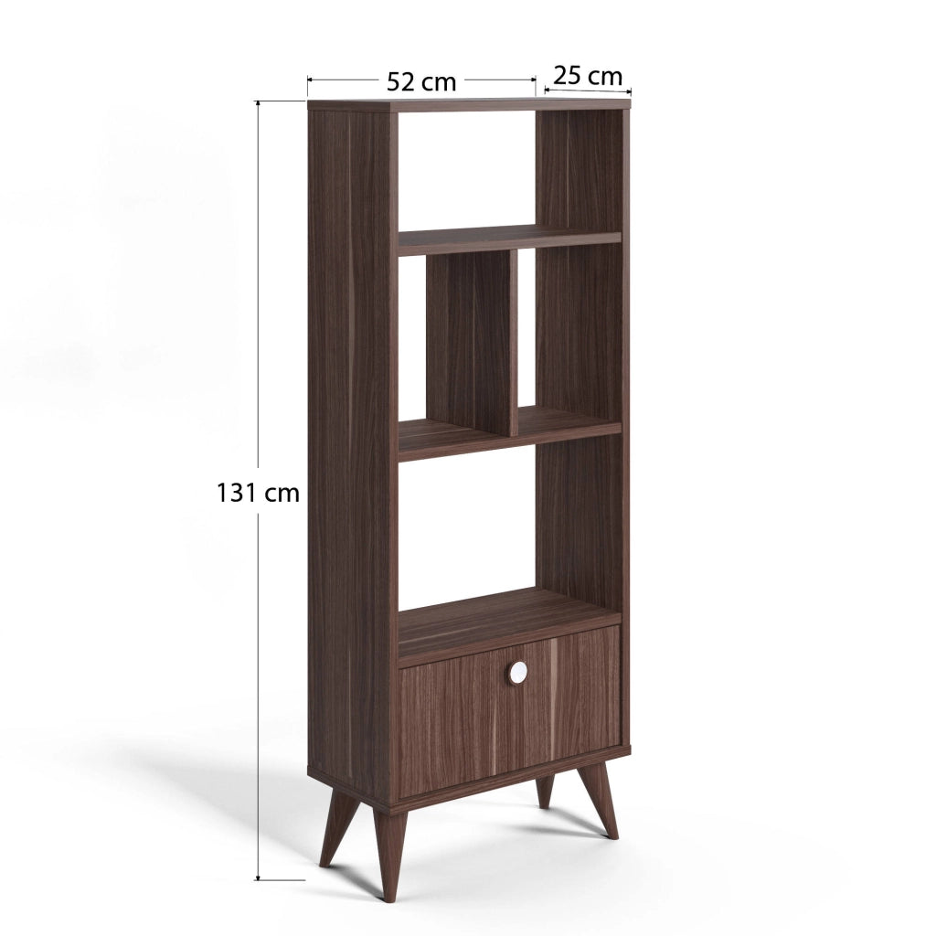 Libreria con quattro scomparti aperti e un 0, cm 52 x 25 x 131, colore noce