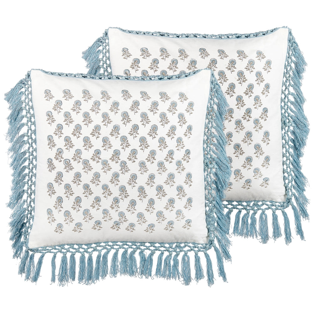 Set di 2 cuscini decorativi bianchi e blu cotone 45 x 45 cm motivo floreale con frange fatti a mano fodera rimovibile con imbottitura stile boho
