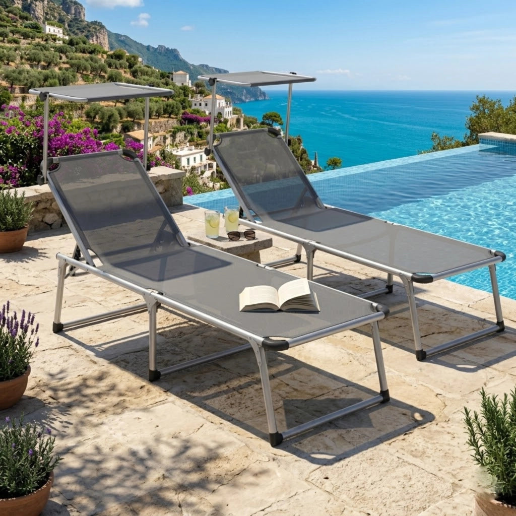 Set Lettini Prendisole Pieghevoli Tettuccio Parasole Schienale Regolabile Reclinabile 6 Posizioni Struttura In Alluminio Sedia Relax Spiaggia Mare Giardino Piscina 187 x 59 x 29 Cm Grigio Scuro