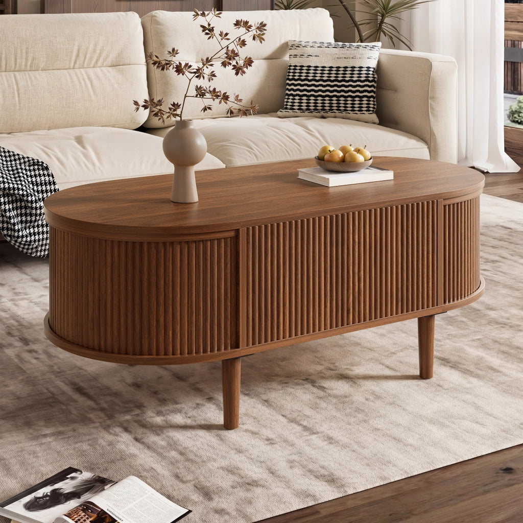 Tavolino da caffè ovale regolabile in altezza 100x48x54;5 cm in MDF; noce