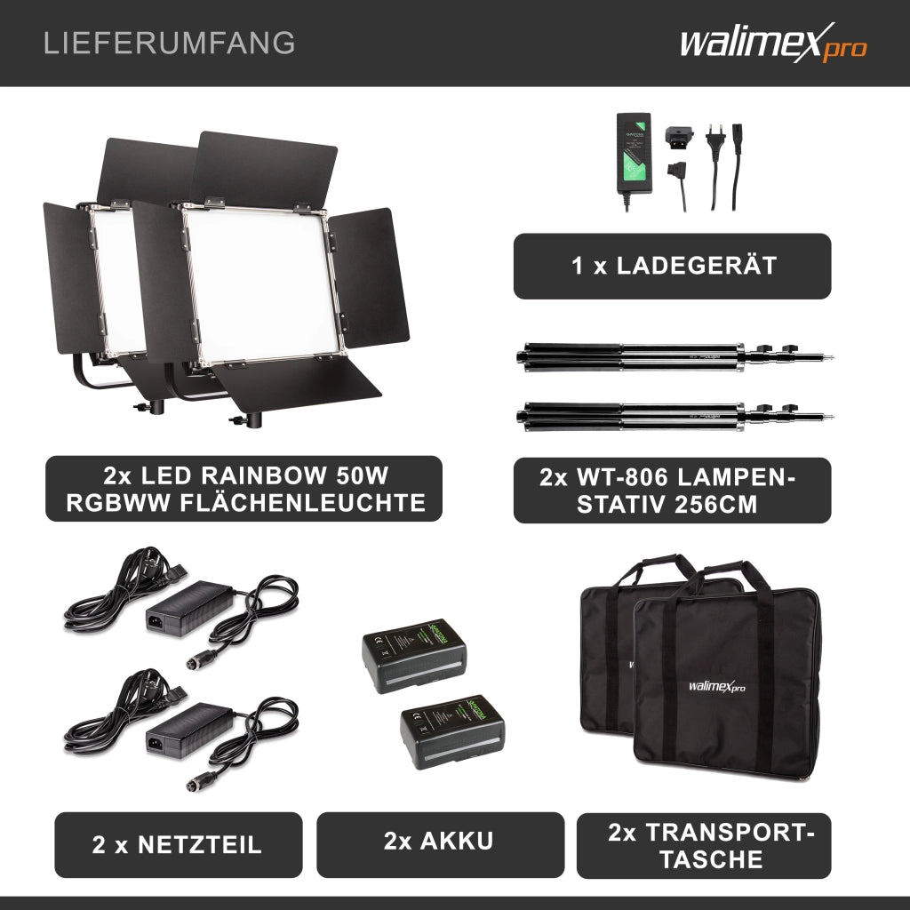 LED Rainbow 50W RGBWW Set - composto da 2 luci, alette di schermatura, alimentatore, borsa per il trasporto e lo stoccaggio, 2 treppiedi per lampade con attacco e adattatore, batteria e caricatore