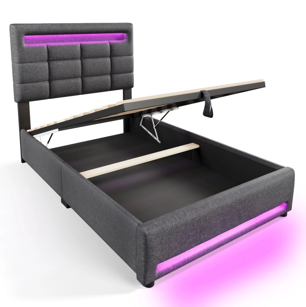 Letto imbottito 90x200 cm in lino grigio con LED APP; vano contenitore idraulico e porta USB