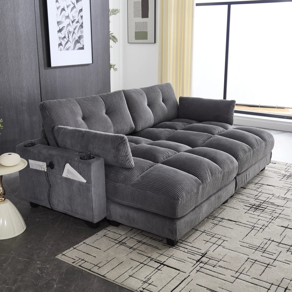 DIVANO 2 posti modulare 224x140x81 cm in corduroy grigio, divisibile in 2 poltrone