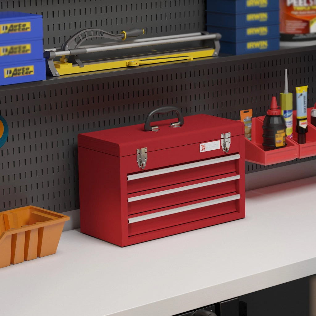 Cassetta Portautensili Vuota 51x22x32 cm Rossa in Acciaio con 3 Cassetti, Vano Superiore e Serratura