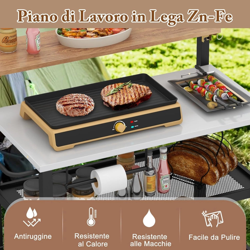 Carrello per Barbecue con 3 Ripiani e Tavola Ribaltabile, Carrello da Cucina con Ruote e 6 Ganci, Carrello Porta Griglia Multiuso in Ferro Zincato, per Interno ed Esterno, 116 x 55 x 130 cm