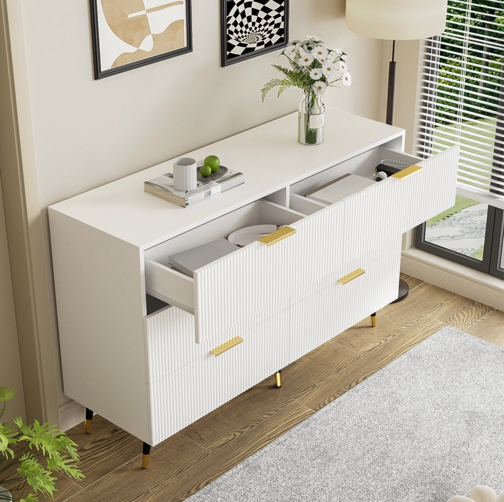 Sideboard bianco e oro con 6 cassetti, design moderno 120x77x40 cm