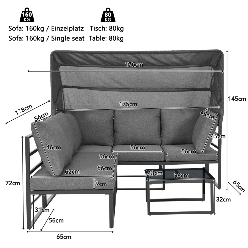 Set Lounge da Giardino con Poggiapiedi, Tavolo e Tendalino ¨C MINIMAL ¨C 4 Pezzi, Cuscini Inclusi, Grigio