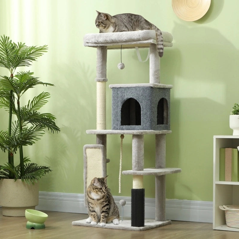 Tiragraffi per gatti con cuccia e lettino, 132 cm, grigio chiaro