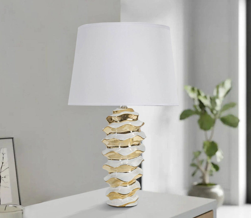 Lampada da tavolo Ashcan, Luce da scrivania, Luminaria da ufficio, Lampada da lavoro, 33x33 h53 cm, Bianco e Oro