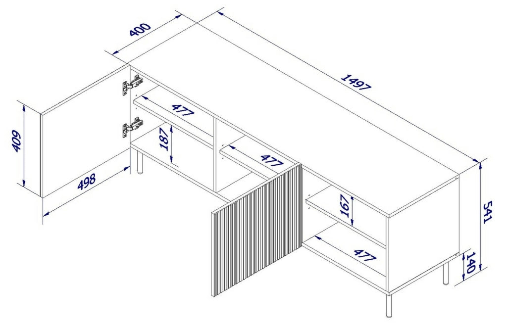 Mobile porta TV Molini, Madia da salotto con quattro ante battenti, Rialzato da terra, 150x42 h52 cm, Bianco