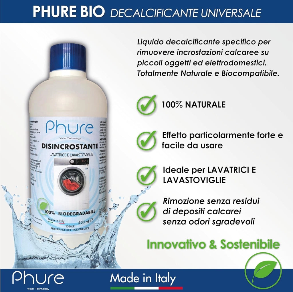 PHURE BIO DECALK Cura Lavatrice, Disincrostante, Decalcificante, Sgrassante e detergente universale per lavastoviglie e lavatrice naturale e biocompatibile 500ml