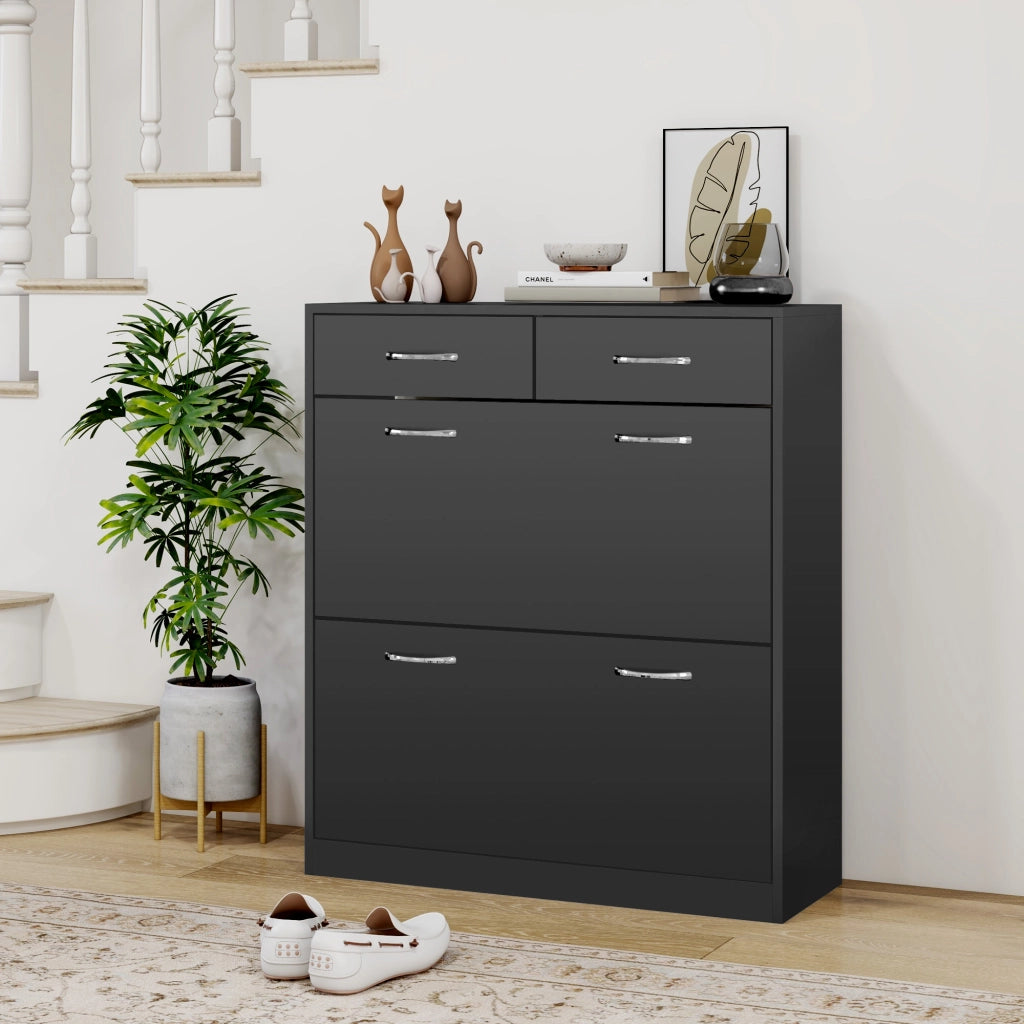 Scarpiera con 2 Cassetti e 2 Ripiani Regolabili ¨C Zephmum ¨C Legno, Nero, 80x30x91.5 cm