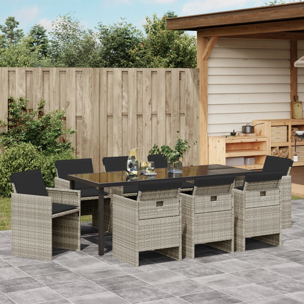 Set da Pranzo Giardino 9 Pezzi con Cuscini Grigio Chiaro Rattan Poliestere