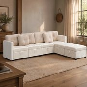 Divano panoramico modulare a U beige in velluto con contenitori e 6 cuscini in velluto a coste