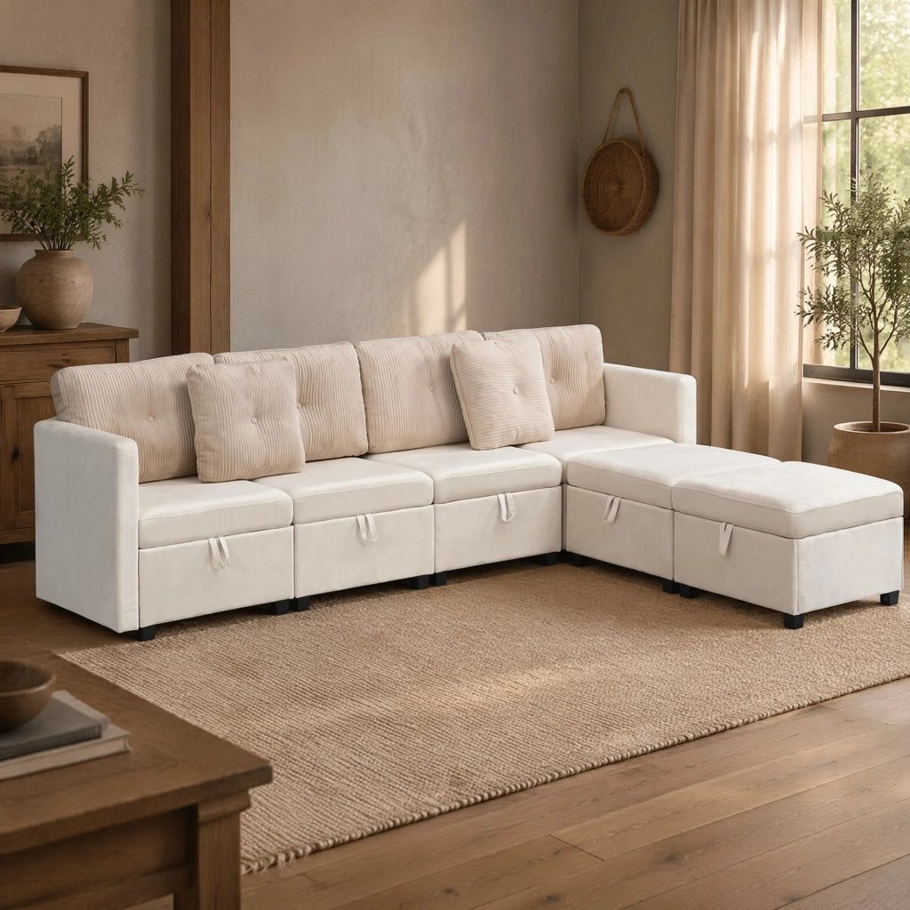 Divano panoramico modulare a U beige in velluto con contenitori e 6 cuscini in velluto a coste
