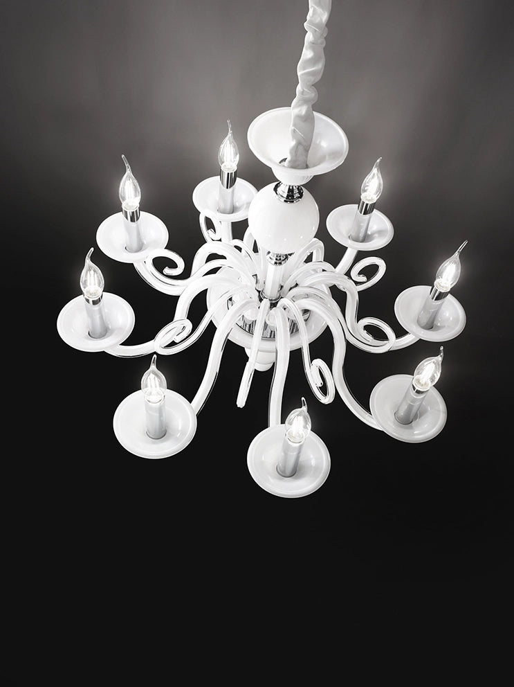 BOUGIE Sospensione 8 luci in metallo e vetro bianco soffiato attacco E14 d.85cm