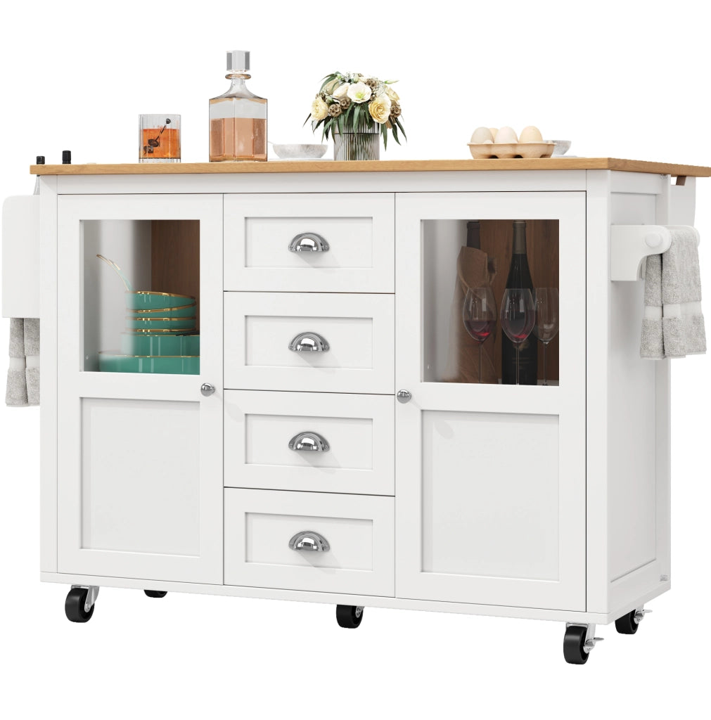 Isola da cucina 137.9x73x92.5 cm con piano pieghevole e ruote in MDF e metallo bianco