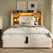 LETTO 90x200 cm in Lino Beige con LED, porte USB e testiera con ripiano