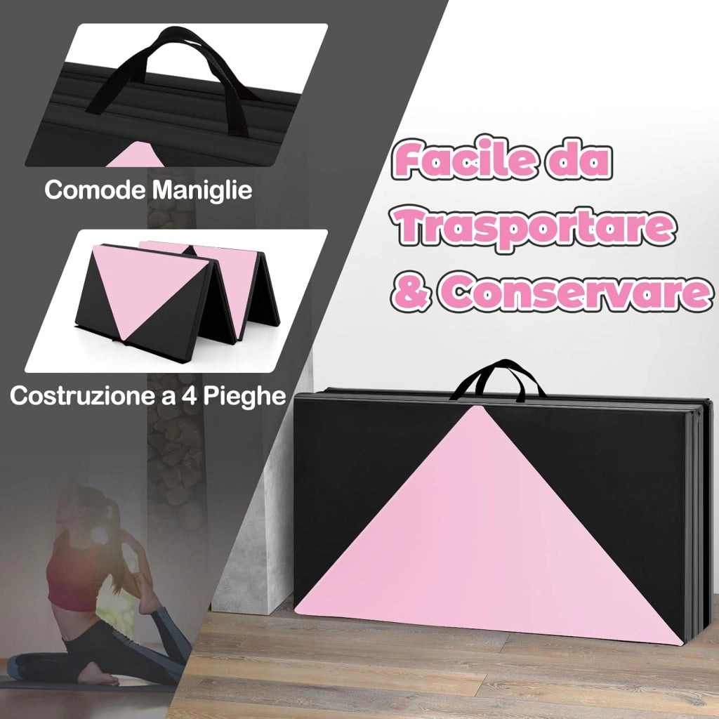 Tappetino Ginnastica Pieghevole 240 CM, Tappetino Fitness con Maniglie e Chiusure a Strappo per Stretching, Yoga, Arti Marziali da Casa e Palestra