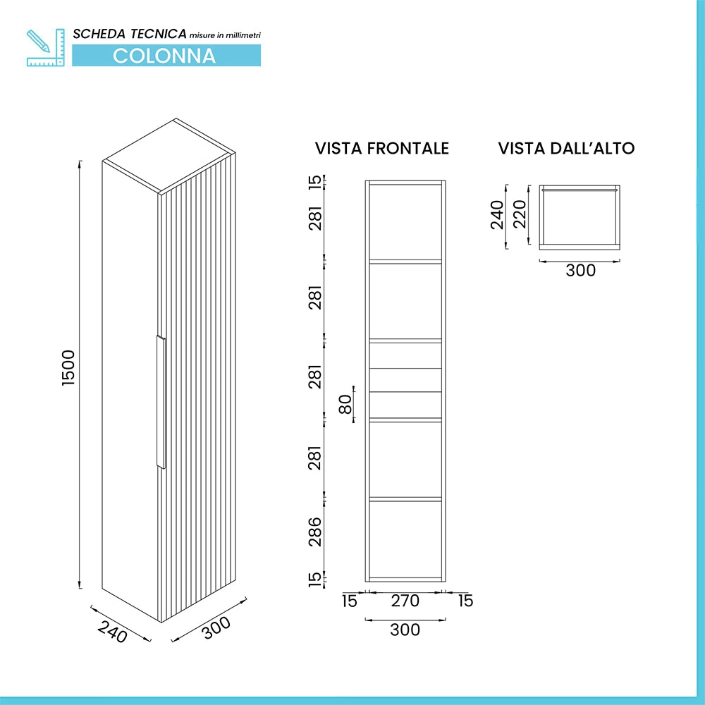 Pensile bagno sospeso 150 cm bicolore grigio cannettato e nero con anta e ripiani Zena
